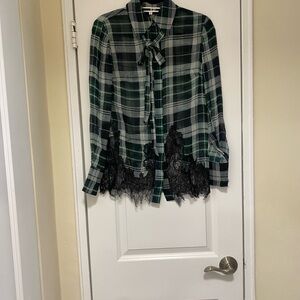 Alexander McQueen McQ Green Plaid Blouse with Black Lace